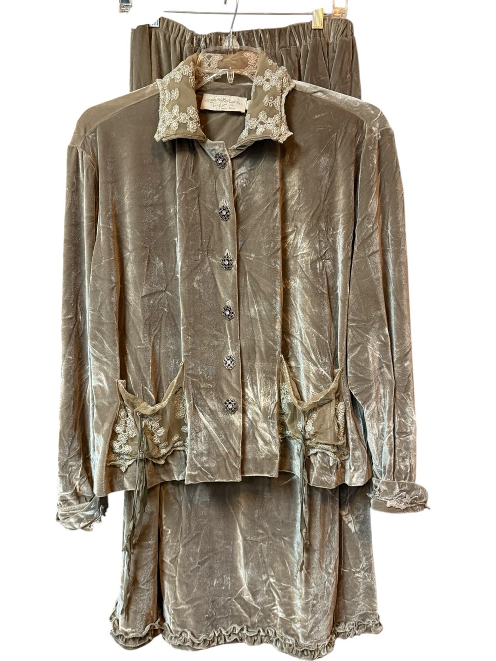 Taylor G. Velour Two-Piece Jacket Skirt Set in Taupe XL